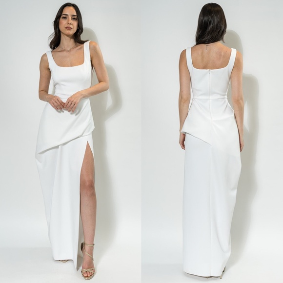 NEW Eve BLACK HALO White KATIA Draped Skirt SCULPTURAL Scuba CREPE Slit GOWN 0